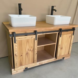 60&quot; Farmhouse Bathroom Vanity: Solid Wood Double Sink, Barn Door Cabinet