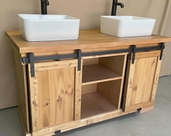 60" Farmhouse Bathroom Vanity: Solid Wood Double Sink, Barn Door Cabinet