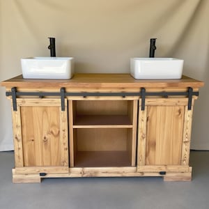 60&quot; Solid Wood Farmhouse Double Sink Vanity with Barn Doors