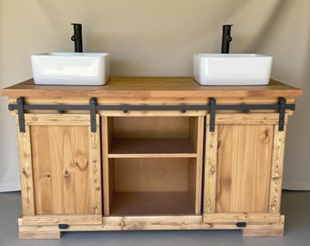 60" Solid Wood Farmhouse Double Sink Vanity with Barn Doors