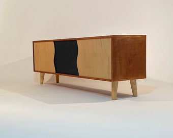 Modern Sideboard Media Console - Black River with contrasting walnut cabinet & natural sliding doors.