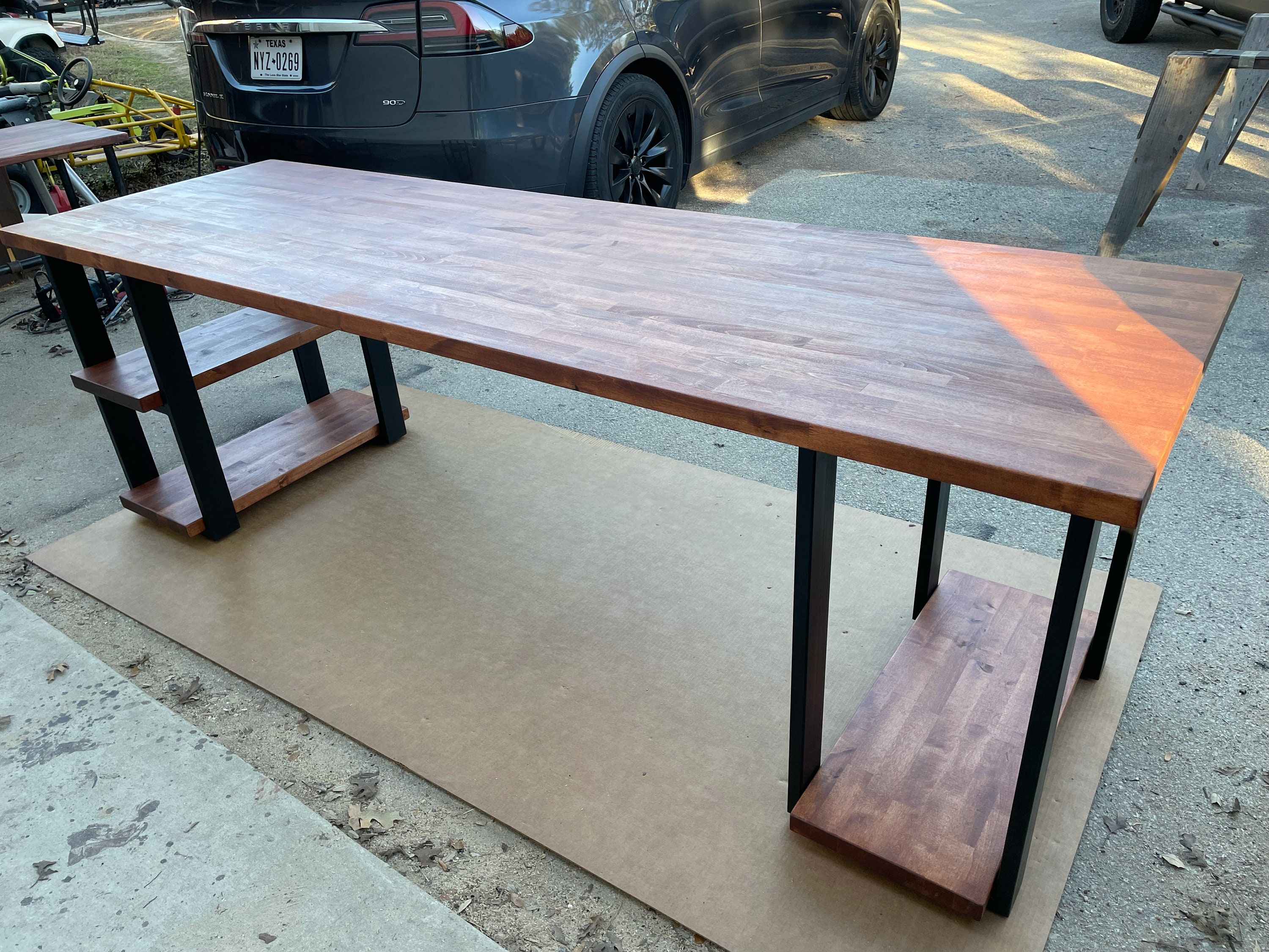 Let's go! Custom L desk made from butcher block. 5'2” x 8', and 25