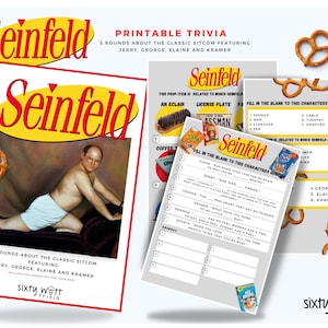 May include: Printable Seinfeld trivia game with five rounds of questions about the classic sitcom. The game features a yellow and red Seinfeld logo and a photo of Jerry Seinfeld in a white undershirt. The game includes answer keys for the host.