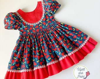 Cardinal and Holly Dress, Size 4, Ready to Ship, Christmas Dress, Winter Dress, Holiday Dress, Girls Dress, Navy and Red Dress