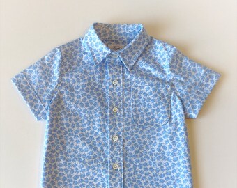 Dancing Elephants Boys Shirt - Size 4, Ready to Ship, Boys Dress Shirt, Short Sleeve, Blue Shirt, Toddler Boys Shirt, Button Down Shirt