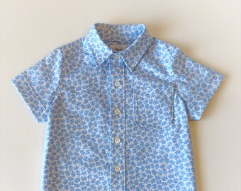 Dancing Elephants Boys Shirt, Custom Size, Boys Dress Shirt, Short Sleeve, Blue Shirt, Toddler Boys Shirt, Button Down Shirt, Collared Shirt