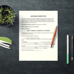 May include: An overhead shot of a desk with a document titled "Advance Directive" and a pen. A stapler, pencils, and a potted plant are also on the dark surface. The document is a medical power of attorney form.
