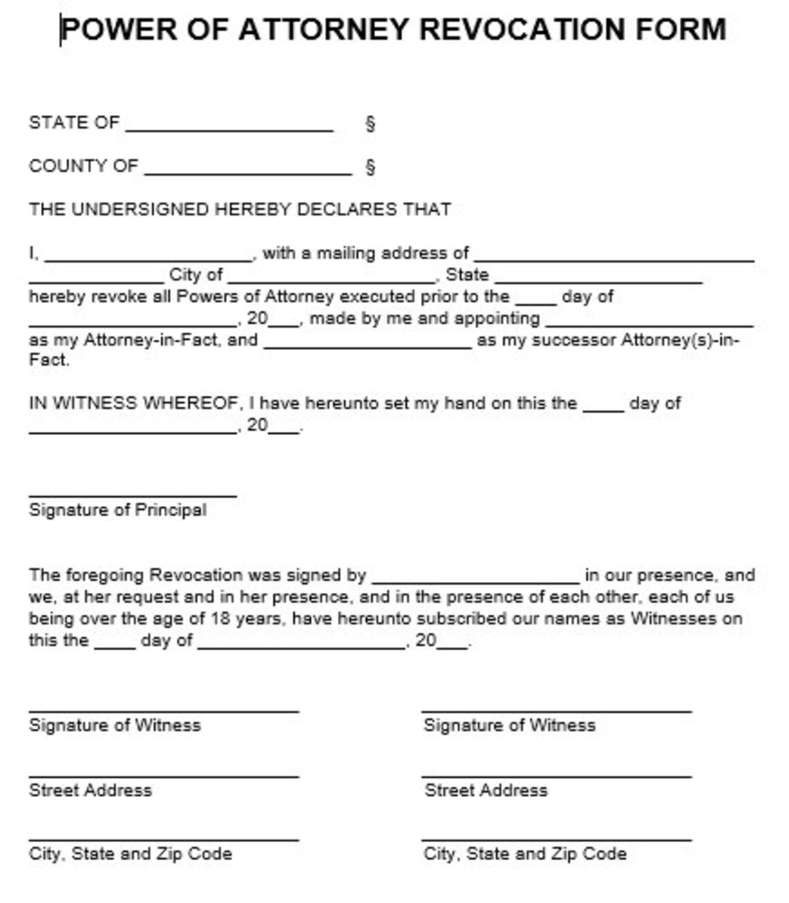 Power of attorney revocation printable file management power nullifying 