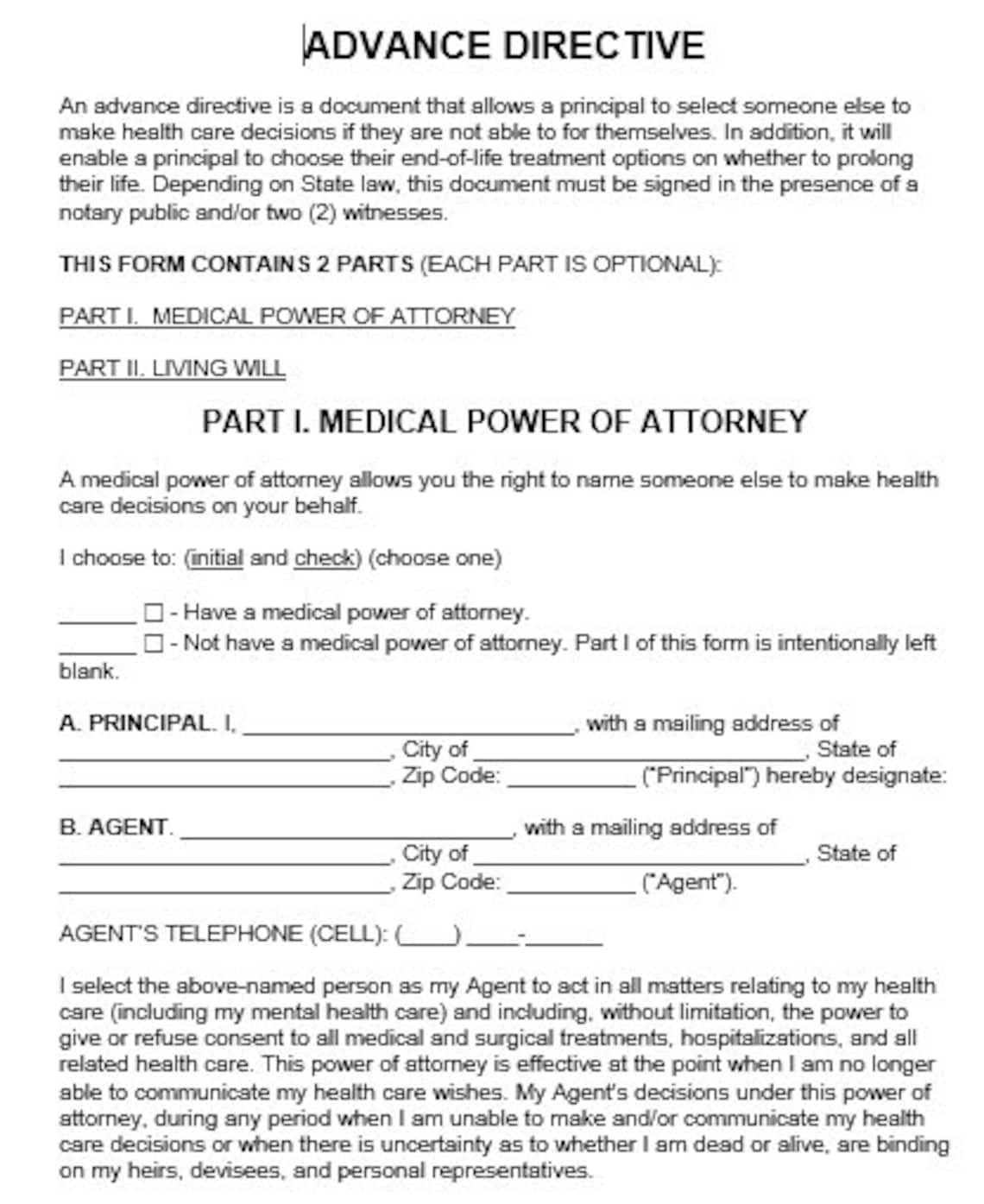 Advance Directive PRINTABLE Medical Power of Attorney Will Testament ...
