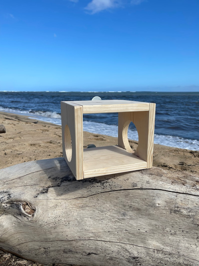 May include: A wooden birdhouse with two circular openings, sitting on a weathered log against a blue sky and ocean background.