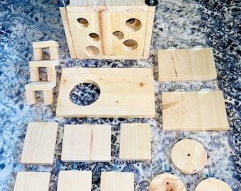 Chinchilla 14 pc Deluxe Kiln Dried Pine Set with XLarge House, Platforms, Ledges and Stairs also for Rats, Birds, Small animals