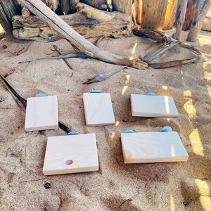 Könnte beinhalten: Fünf unfertige Holzschilder mit Metallklammern an einem Sandstrand. Die Schilder sind alle gleich groß und in Form, und sie sind in einer Reihe angeordnet.
