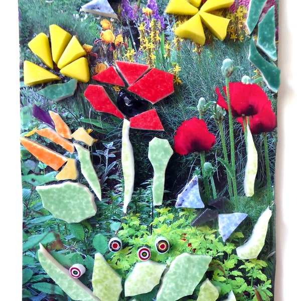 Magnet en mosaïque fleurs coquelicots et papillons bleus  8 x 12 cm