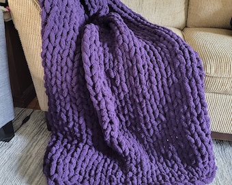 Chunky Knit Blanket, Halloween Decor, Purple Chunky Throw Blanket, Chenille Blanket, Cozy Blanket, Christmas Gift idea, Purple Throw Blanket