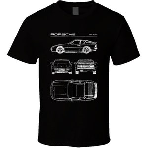 May include: Black t-shirt featuring a white outline of a Porsche 944 Turbo car in various views. The text "PORSCHE 944 Turbo" is printed on the shirt.