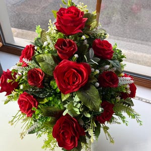 12 Red Rose Grave Pot: Artificial Funeral Tribute Flowers