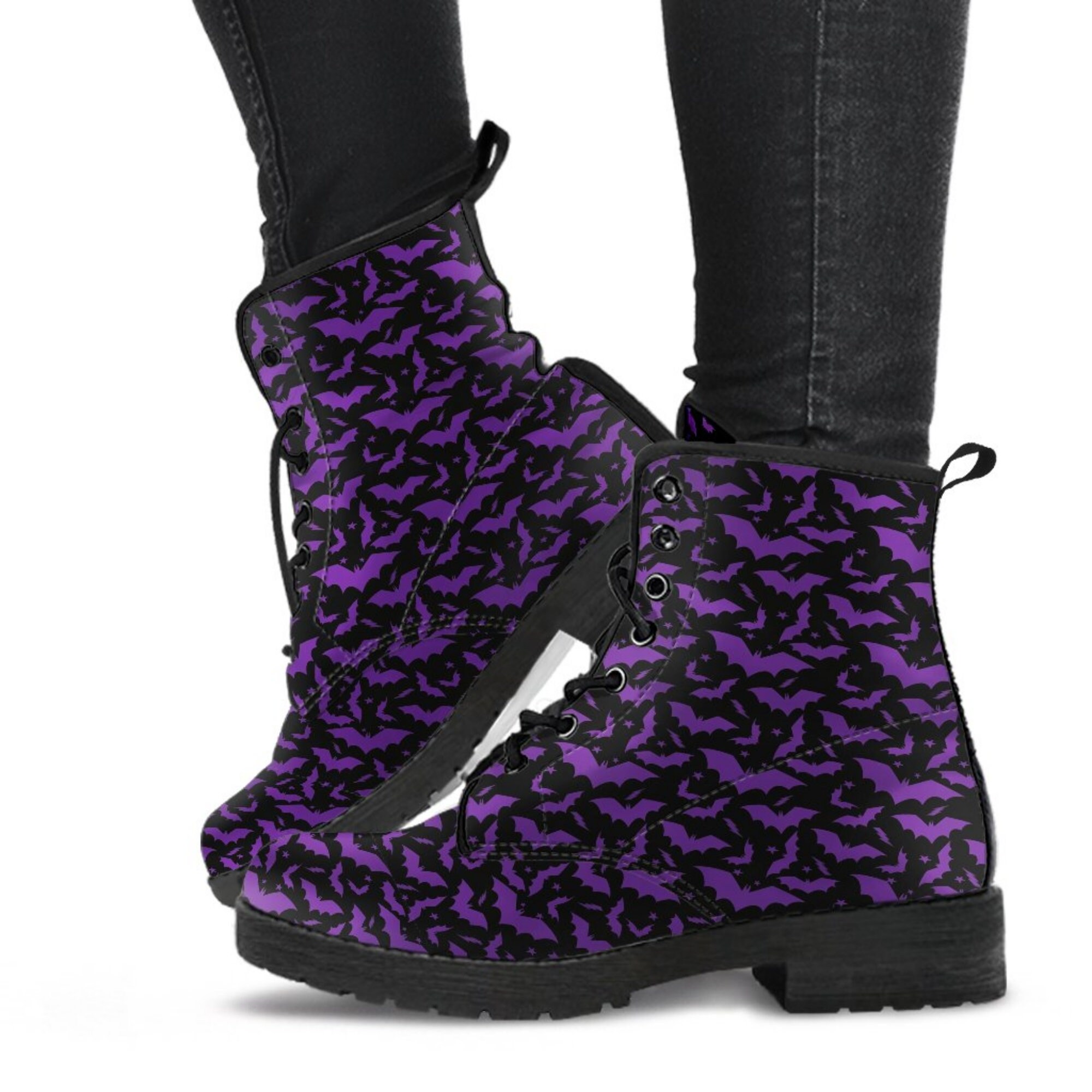 Batty Night Purple Leather Boots, Gothic Vegan-Friendly Leather Bat Boots, Pastel Goth Combat Boots