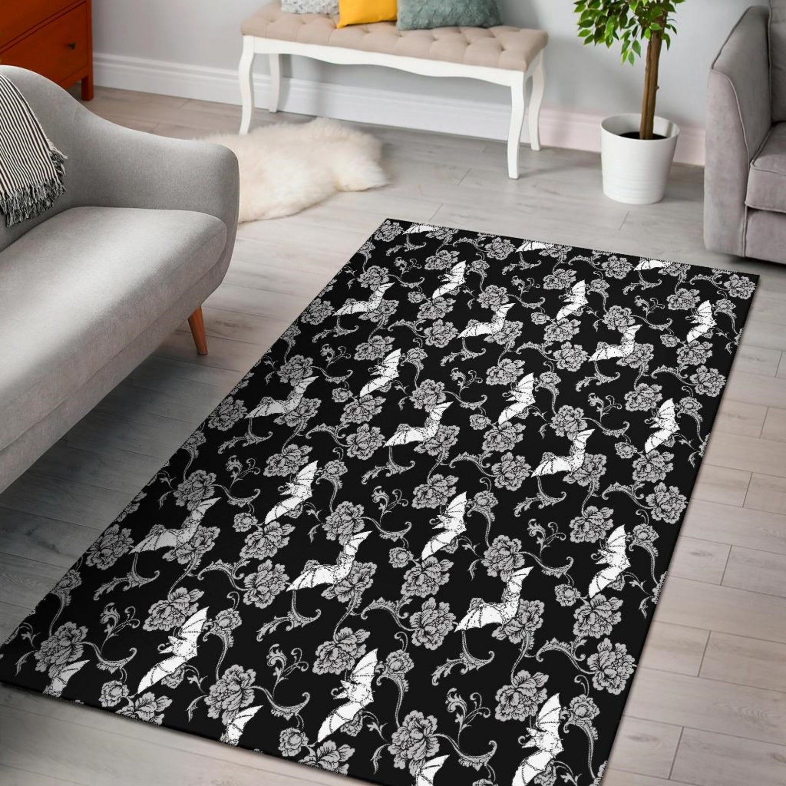 Floral Bats Black & White Area Rug Gothic Home Decor Goth Etsy