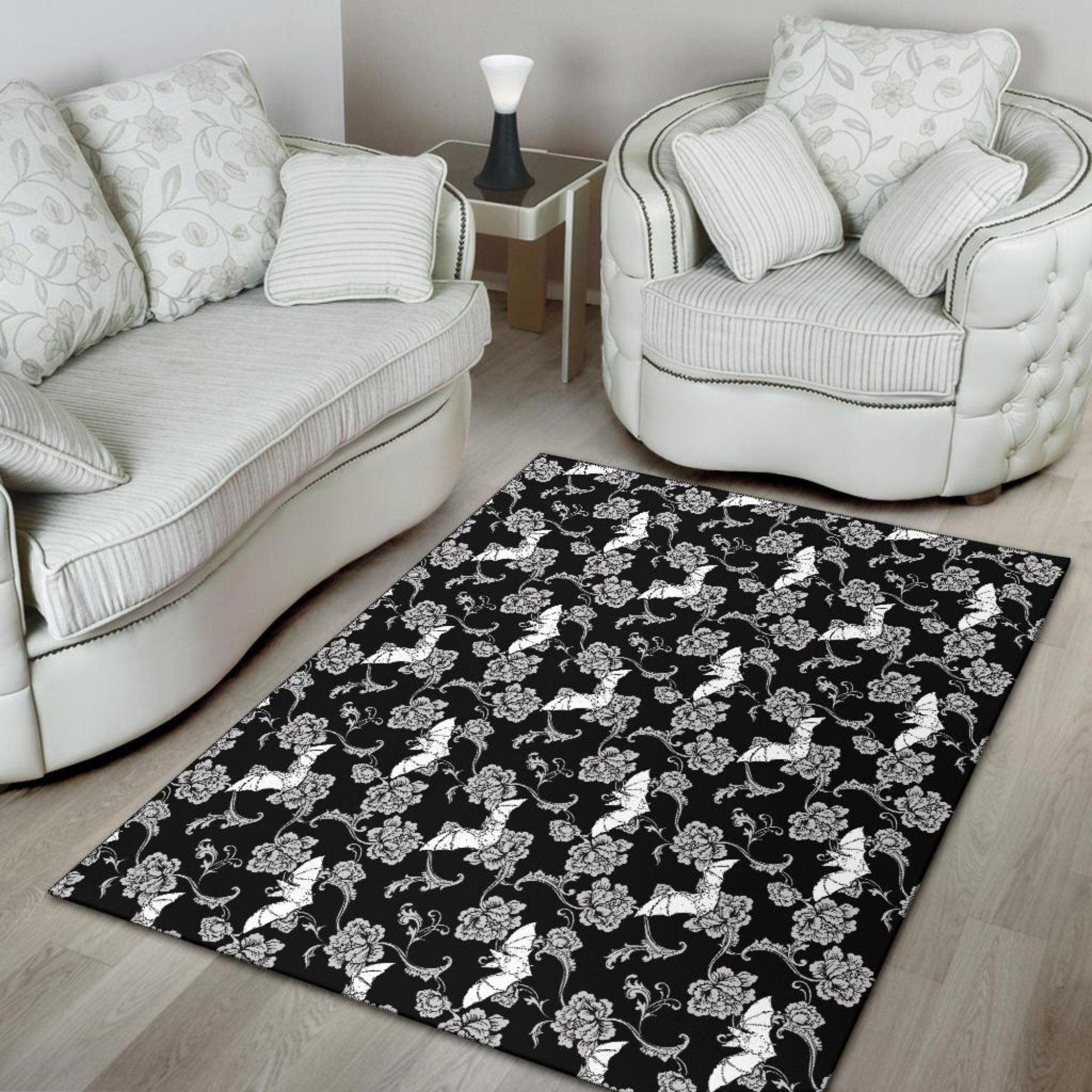 Floral Bats Black & White Area Rug Gothic Home Decor Goth Etsy