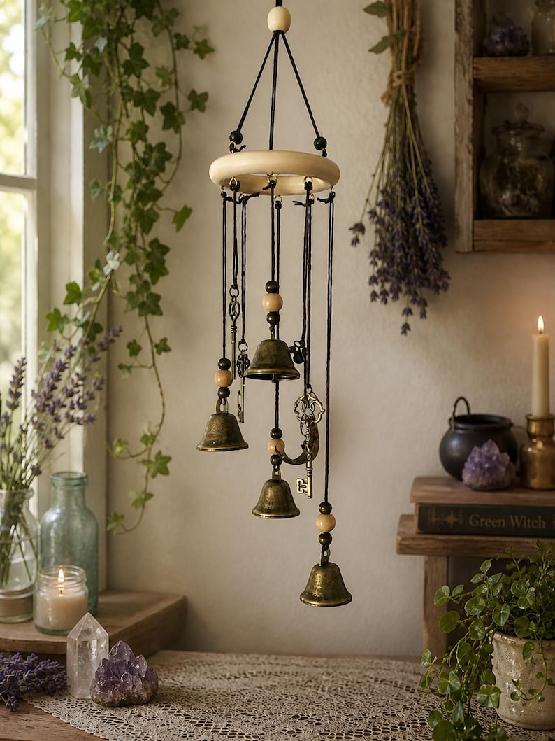 Op de afbeelding: Een hangende windgong met messing bellen, houten kralen en decoratieve sleutels. De windgong is opgehangen aan een lichtgekleurde houten ring en zwarte koorden. De bellen zijn verschillend van grootte en hangen op verschillende lengtes.