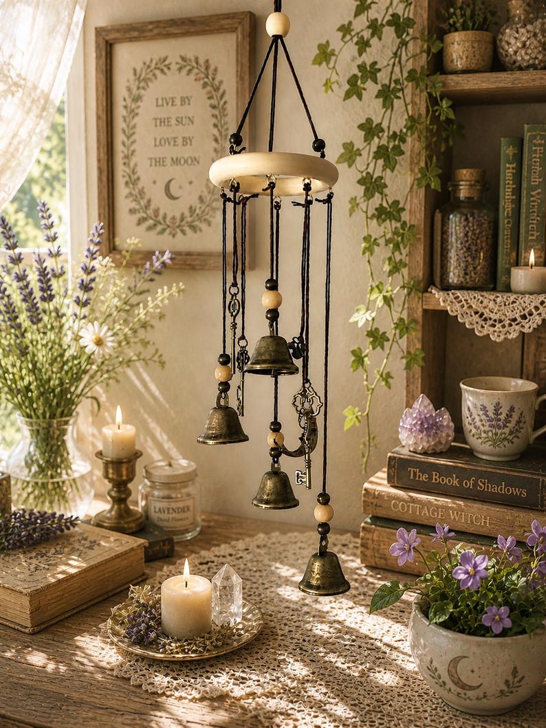 Op de afbeelding: Een decoratieve windgong met messing bellen, houten kralen en sleutelbedels hangt. Een ingelijste print leest "LIVE BY THE SUN LOVE BY THE MOON". De sc&egrave;ne omvat kaarsen, bloemen, boeken en een mok met een lavendelontwerp.