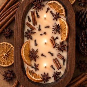 May include: A cream-coloured candle in a wooden bowl, decorated with dried orange slices, star anise, cloves, and cinnamon sticks. Three lit wicks are visible. The candle is surrounded by additional spices and a pine cone.