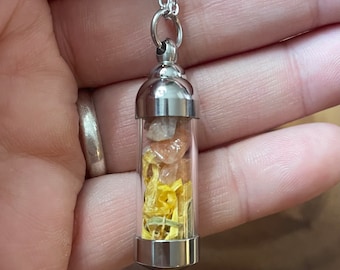 May include: A silver necklace with a clear glass vial pendant containing small orange and yellow crystals and dried flowers.