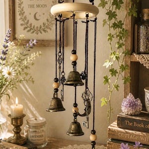 Op de afbeelding: Een hangende windgong met bronzen bellen, houten kralen en decoratieve sleutels. De windgong hangt aan een cr&egrave;mekleurige houten ring. De afbeelding bevat ook een ingelijste print met de tekst "LIVE BY THE SUN LOVE BY THE MOON".