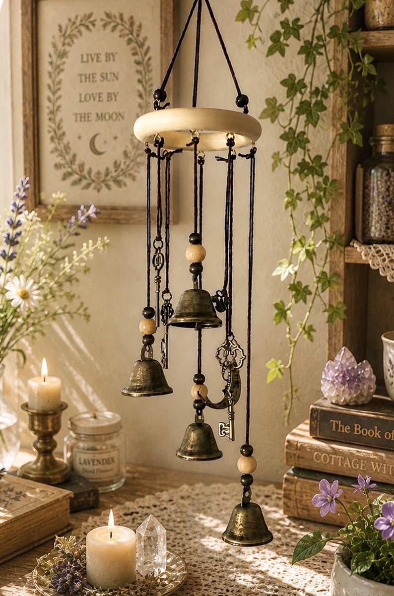 Op de afbeelding: Een hangende windgong met bronzen bellen, houten kralen en decoratieve sleutels. De windgong hangt aan een cr&egrave;mekleurige houten ring. De afbeelding bevat ook een ingelijste print met de tekst "LIVE BY THE SUN LOVE BY THE MOON".