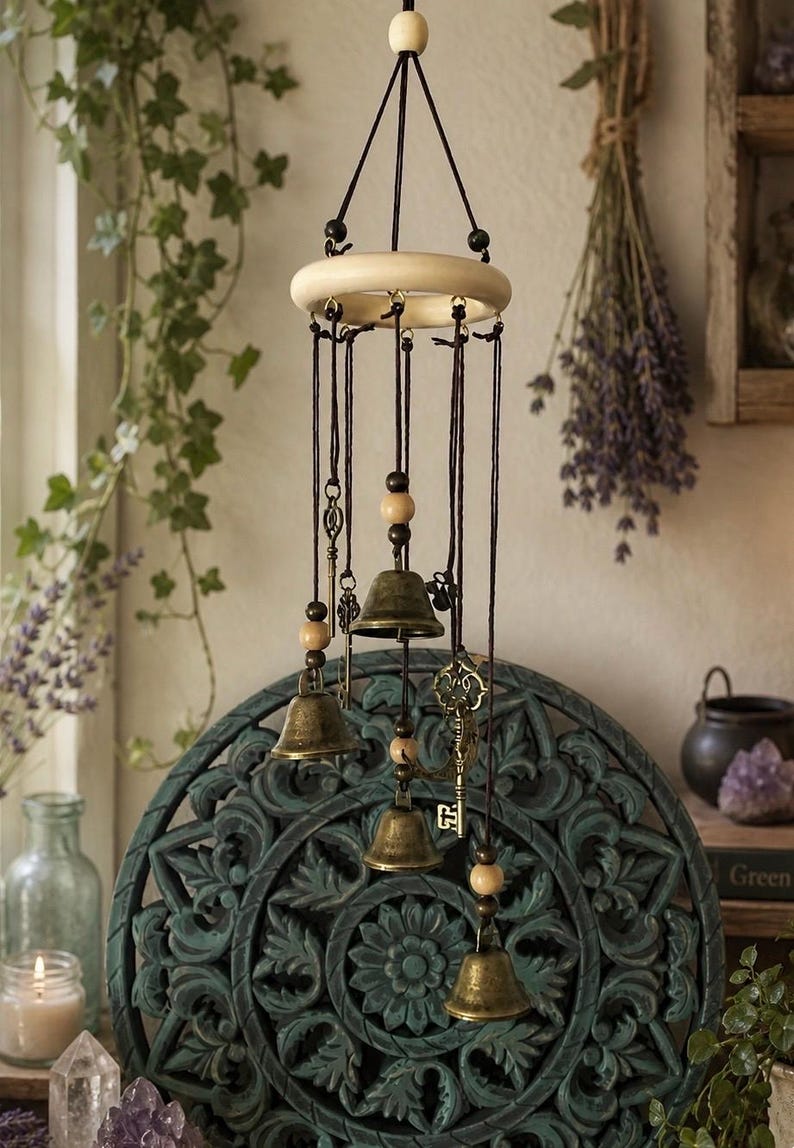 Op de afbeelding: Een hangende windgong met messing bellen, houten kralen en decoratieve sleutels. De windgong is opgehangen aan een houten ring en zwarte koorden. De achtergrond omvat een gesneden houten paneel en gedroogde lavendel.