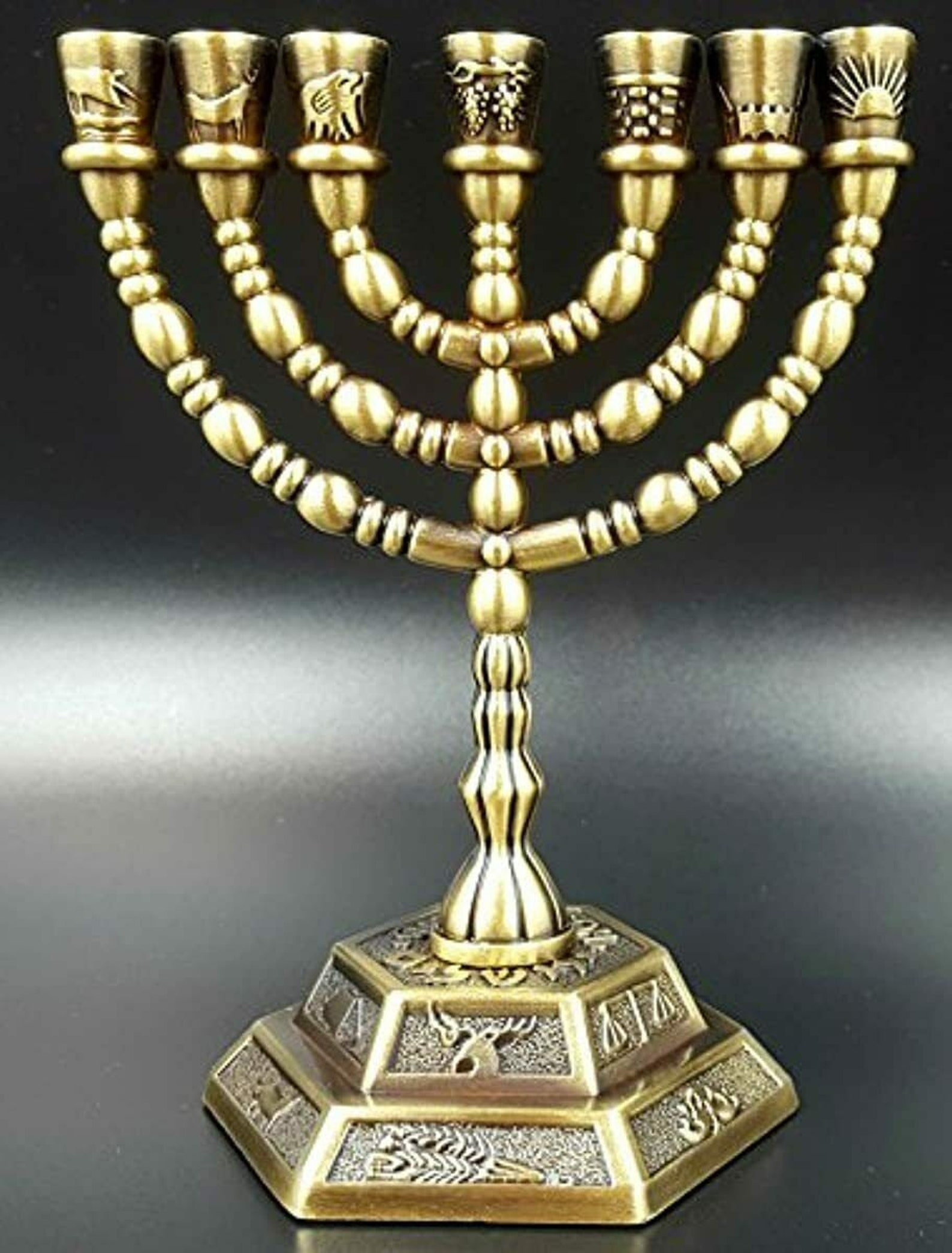 Antique brass temple menorah 7 branch candle holder 12 tribes Etsy