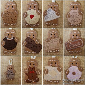 May include: Twelve gingerbread ornaments, each holding a different type of biscuit. The biscuits include: Digestive, Rich Tea, Bourbon, Malted Milk, Biscuit, and a plain biscuit.