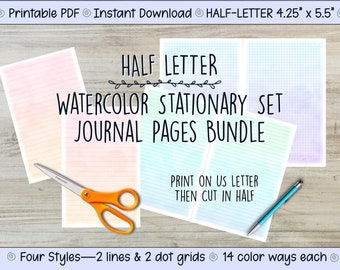 Watercolor Rainbow Stationary Notes, Half Letter Journal Set Bundle, Printable PDF, Digital Download, Dot Grid, Lined, Pastel Ombre, Unicorn