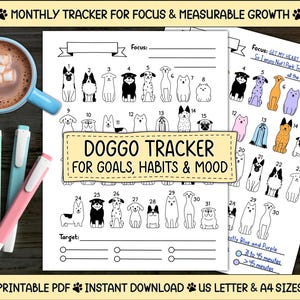 Suivi mensuel du chien Doodle : humeur, objectif, habitude (PDF imprimable)