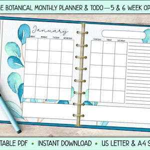 Calendario botánico mensual sin fecha, 2 páginas, hojas florales, tareas, Bullet Journal, descarga instantánea imprimible, tamaños Carta (EE. UU.) y A4.