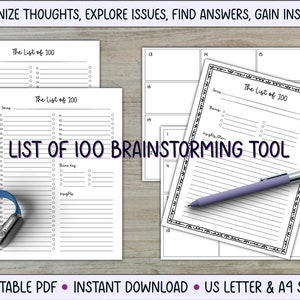 May include: A printable brainstorming tool titled "List of 100 Brainstorming Tool". The tool features multiple pages with sections for listing ideas, themes, and insights. The pages are designed for use with US Letter and A4 paper sizes.
