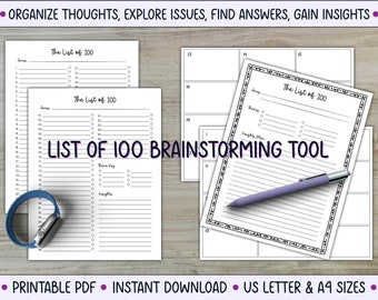 May include: A printable brainstorming tool with the title "List of 100 Brainstorming Tool". The tool includes multiple pages with sections for listing ideas, themes, and insights. The pages are designed for use with US Letter and A4 paper sizes.
