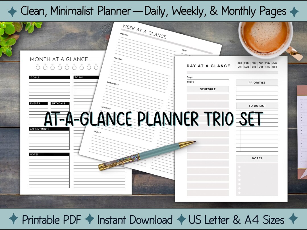 Minimalist Daily Weekly Monthly Planner Set: Printable PDF (US Letter ...