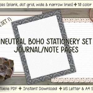 Boho Stationery Set: Neutral Journal Pages, Lined + Dot Grid — US Letter, A4 — (PDF Pintable + iPad)