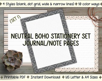 Boho Stationery Set: Neutral Journal Pages, Lined + Dot Grid — US Letter, A4 — (PDF Pintable + iPad)
