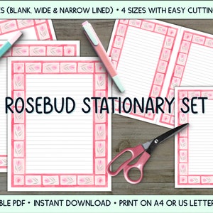 Aquarell RoseBud Stationäre Notizen, Journal Set Bündel, Buchstabe, Halbbuchstabe, A4, A5, druckbare PDF-Datei, digitaler Download, leer & 2 Linienbreiten