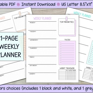 Planificador semanal, Prioridades principales, Tareas pendientes, Seguimiento de hábitos, Colores del arcoíris, Cuadrícula de puntos, Tamaño carta (EE. UU.) y A4 (S), Bullet Journal, Descarga instantánea e imprimible