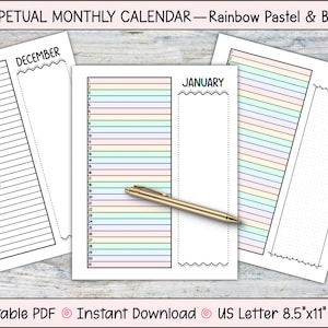 Planificador mensual perpetuo arcoíris, 1 línea por día, agradecimiento, cumpleaños, tamaño carta (EE. UU.) y A4, descarga PDF imprimible, blanco y negro