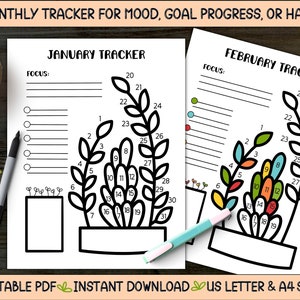 Rastreador mensal de humor, metas e hábitos, Plant Leaves, download instantâneo, PDF para impressão, Bullet Journal, crescimento pessoal, tamanho carta EUA e A4
