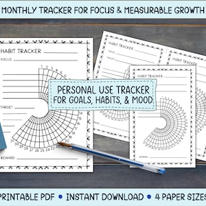 May include: A collection of printable habit trackers with a focus on goals, habits, and mood. The black and white designs include space for focus, target, and reward tracking. The image also includes a small notepad with the word "Shine!" and a sun illustration.