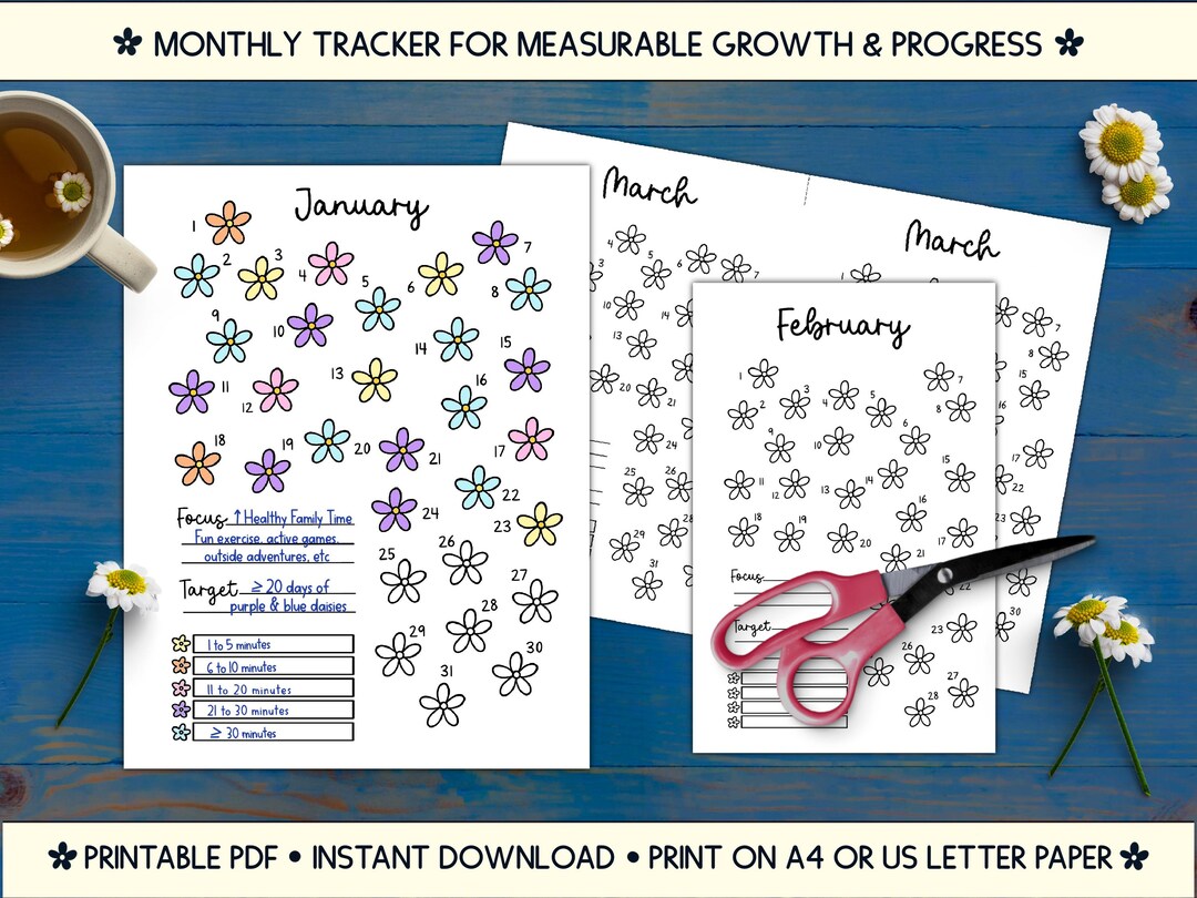 Count Step Progress Tracker Flower Flower Habit Tracker Printable – Monthly Goal, Mood, & Progress Chart ...