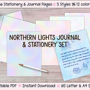 Páginas del diario Northern Lights: Papelería pastel opalina — En blanco, rayado, cuadrícula de puntos — Carta (EE. UU.), A4 — (Descarga digital, PDF imprimible)