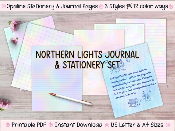 Northern Lights Journal Pages: Opaline Pastel Stationery — Blank, Lined, Dot Grid — US Letter, A4 — (Digital Download, Printable PDF)