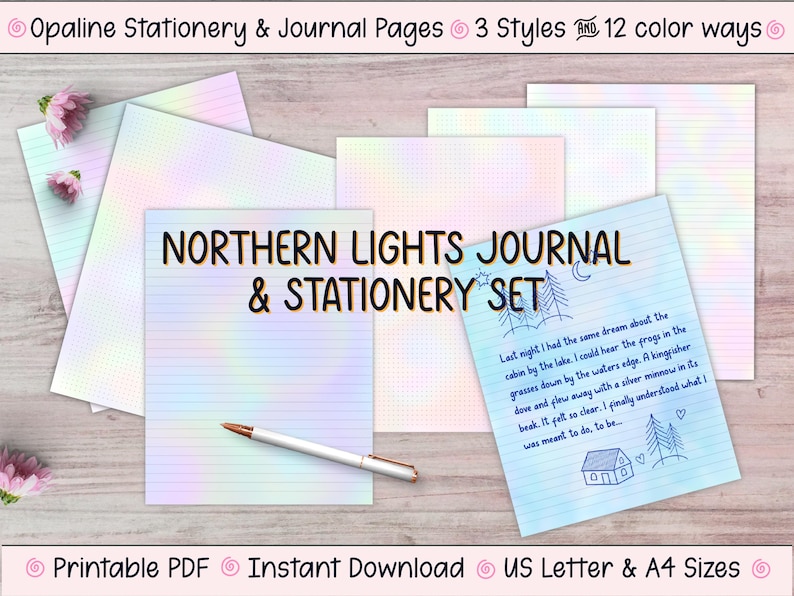 Northern Lights Journal Pages: Opaline Pastel Stationery — Blank, Lined, Dot Grid — US Letter, A4 — (Digital Download, Printable PDF) image 1