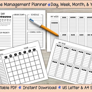 May include: Printable time management planner with sections for daily, weekly, monthly, and yearly planning. The planner includes a calendar, to-do list, and space for notes.